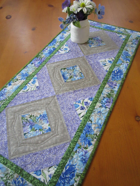Blue Floral Table Runner with purple and gray